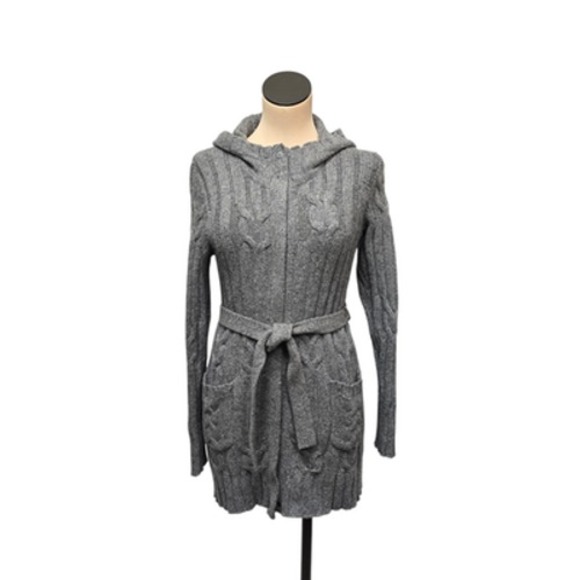 Athleta Sweater Womens Medium Gray Hooded Belted Long Cardigan Full Zip Pockets - Picture 1 of 11